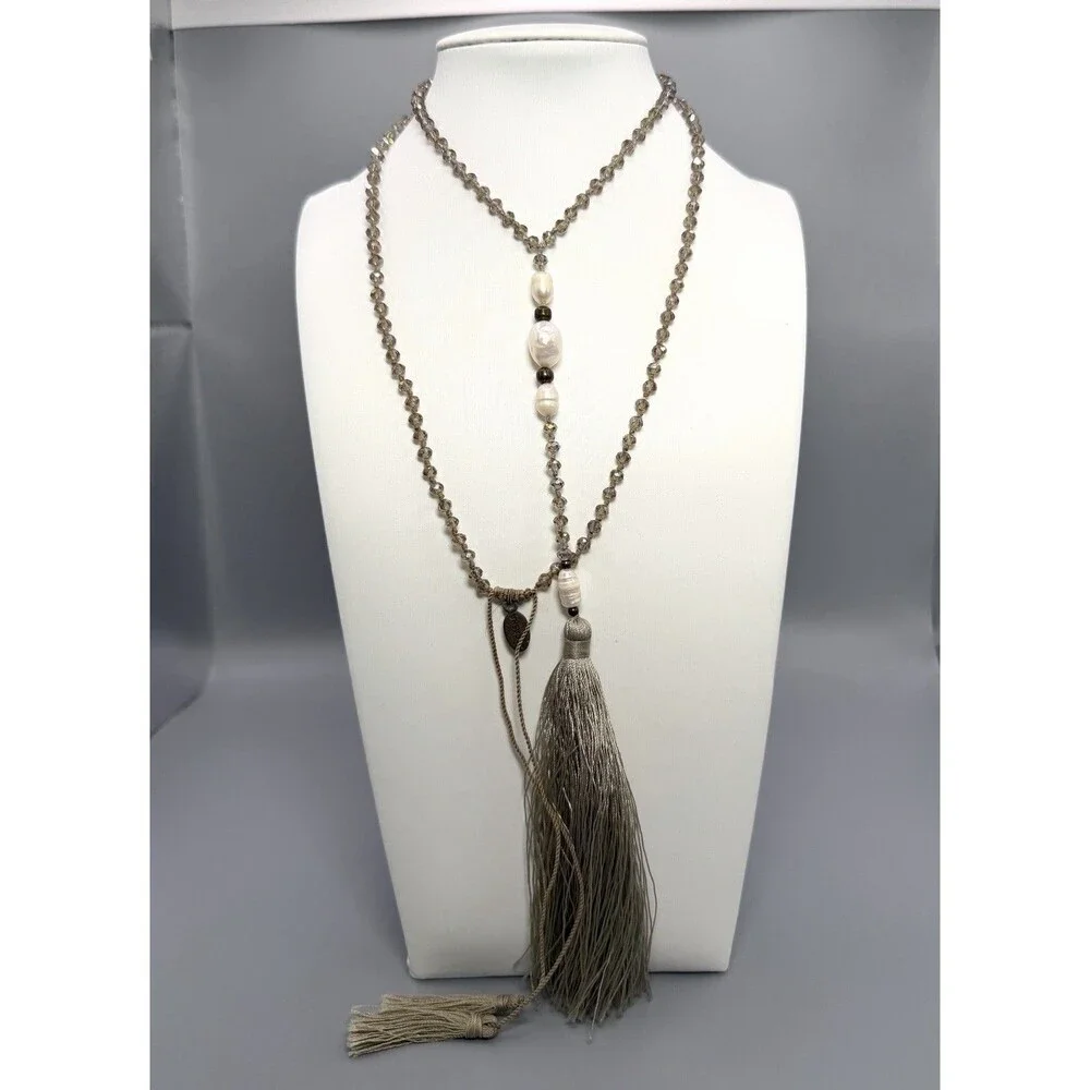Zacasha Beaded Tassel Necklace Pearl Crystal Boho Lariat 46
